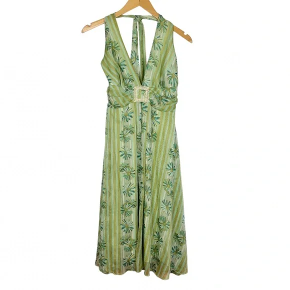 A.P.N.Y Halter Midi Dress Size 10 Green Floral Gold Metallic Fairy Y2K - Picture 7 of 7